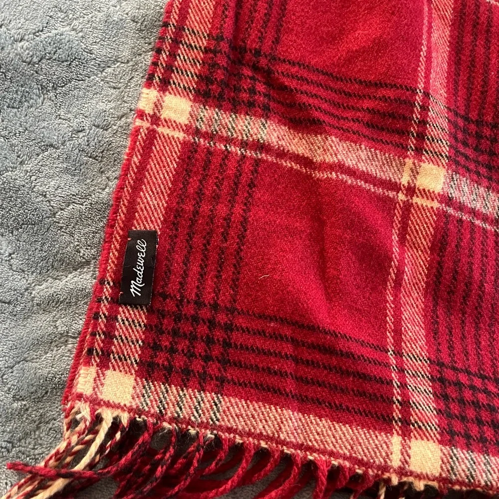 Madewell Red Plaid Scarf Cape Poncho with‎ Armholes Fringe Trim Oversized Wrap